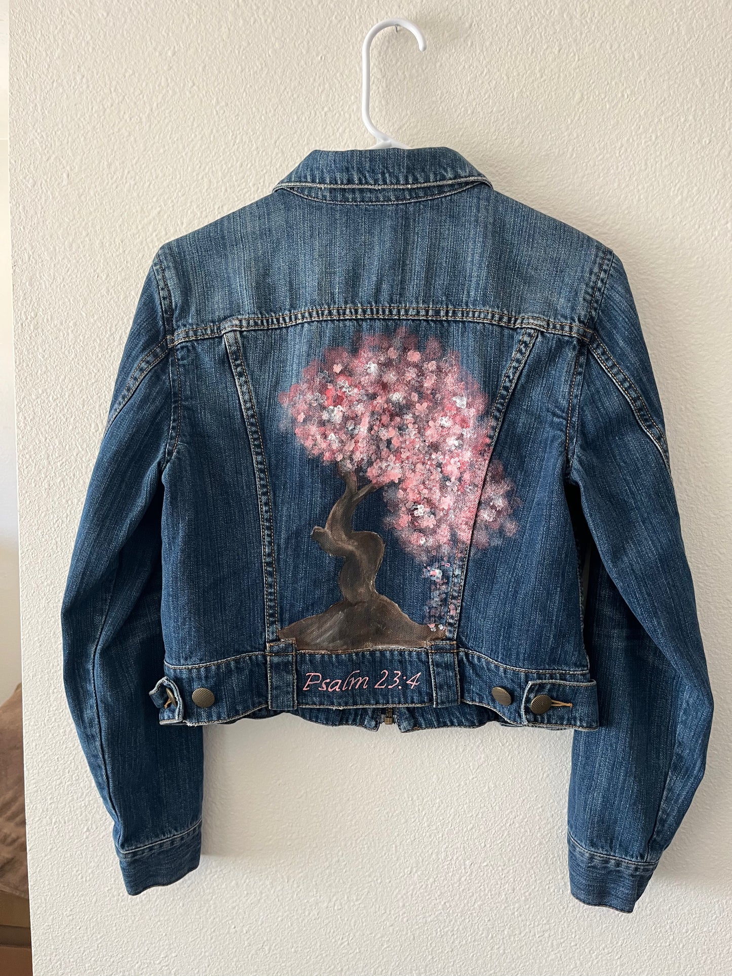 Hand-Painted Denim Jacket – Cherry Blossom Psalm 23:4 Design