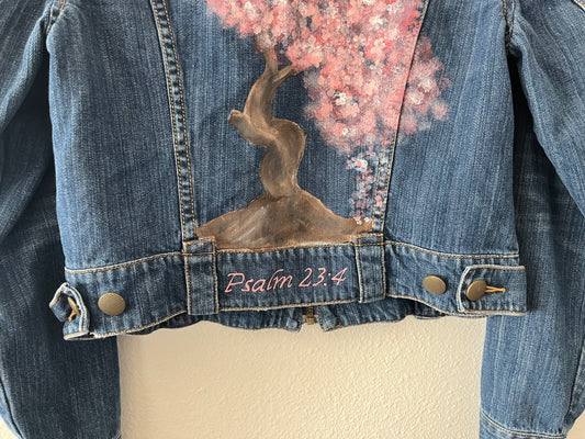 Hand-Painted Denim Jacket – Cherry Blossom Psalm 23:4 Design