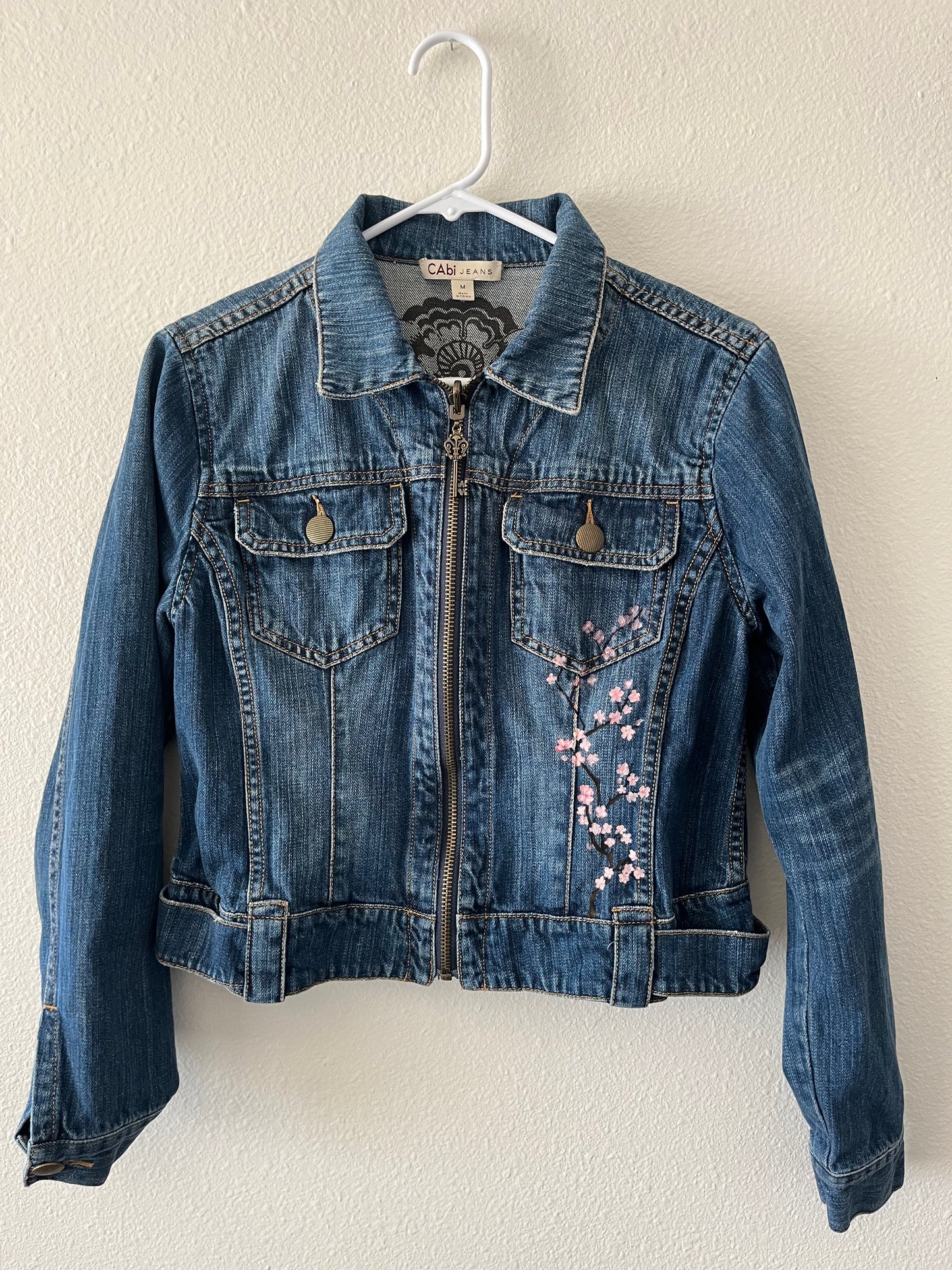 Hand-Painted Denim Jacket – Cherry Blossom Psalm 23:4 Design