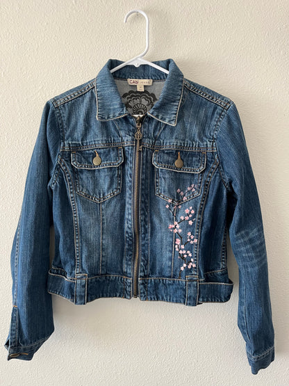Hand-Painted Denim Jacket – Cherry Blossom Psalm 23:4 Design