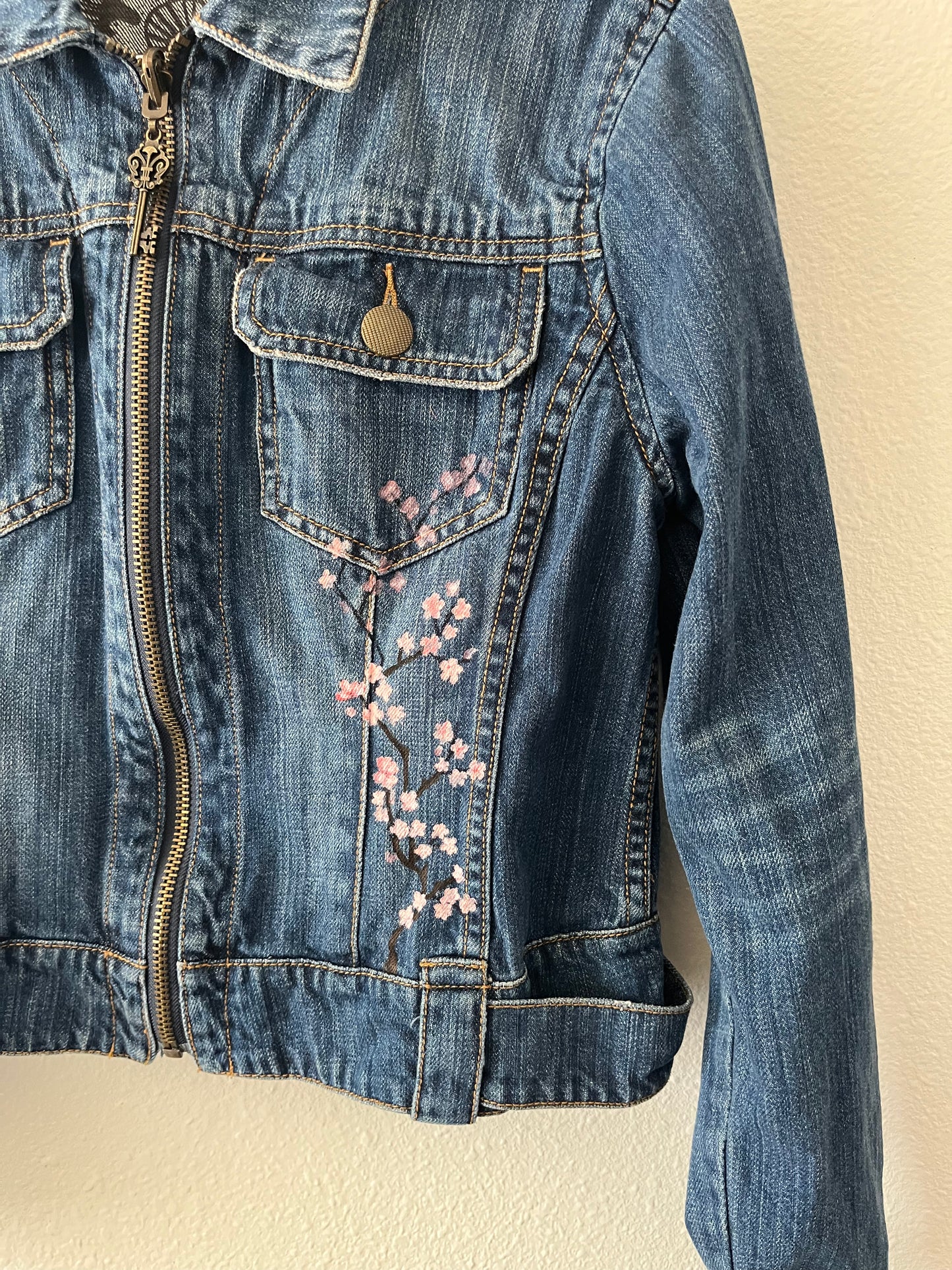 Hand-Painted Denim Jacket – Cherry Blossom Psalm 23:4 Design