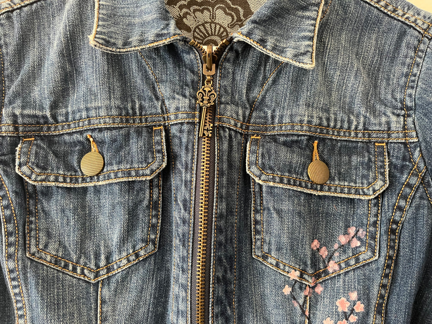 Hand-Painted Denim Jacket – Cherry Blossom Psalm 23:4 Design