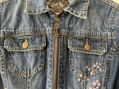 Hand-Painted Denim Jacket – Cherry Blossom Psalm 23:4 Design