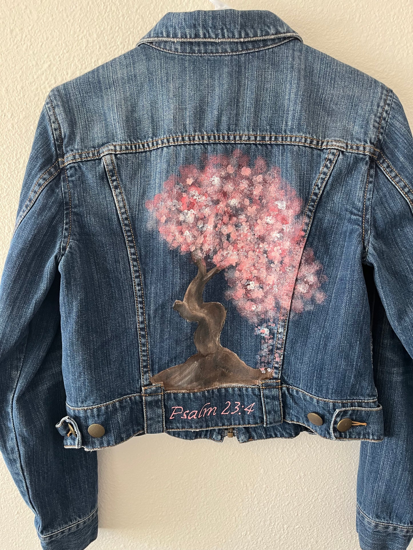 Hand-Painted Denim Jacket – Cherry Blossom Psalm 23:4 Design