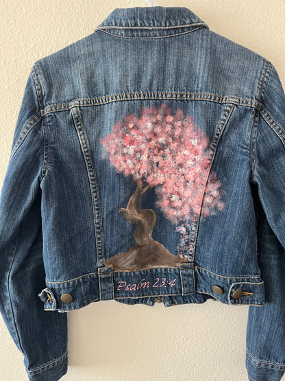Hand-Painted Denim Jacket – Cherry Blossom Psalm 23:4 Design