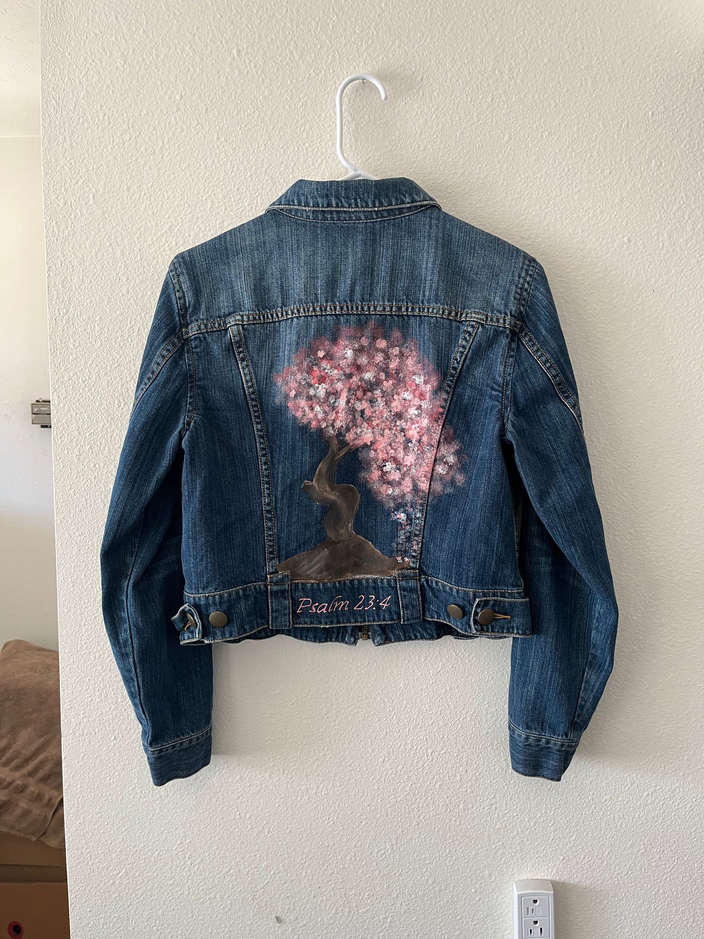 Hand-Painted Denim Jacket – Cherry Blossom Psalm 23:4 Design