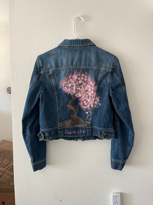 Hand-Painted Denim Jacket – Cherry Blossom Psalm 23:4 Design