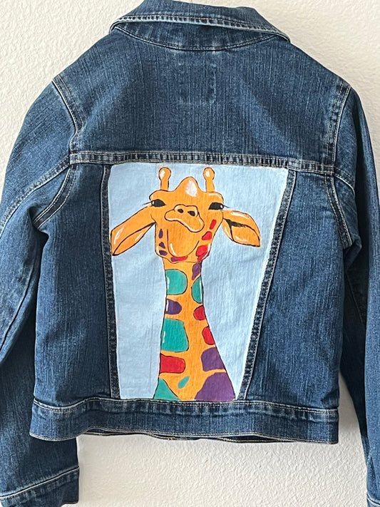Hand-Painted Whimsical Giraffe Denim Jacket